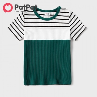 PatPat Family Matching Outfits Striped Colorblock Spliced Rib Knit Short-sleeve Bodycon Dresses Tops #4