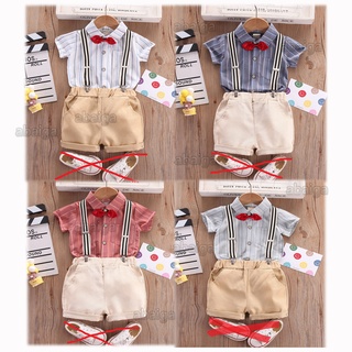 Korean Style Gentleman Stripe Shirt Bow Khaki Shorts Set Baby Terno Ootd for Kids Boy 1-5 Years Old Wedding Birthday Party Formal Suit Summer Clothes #1