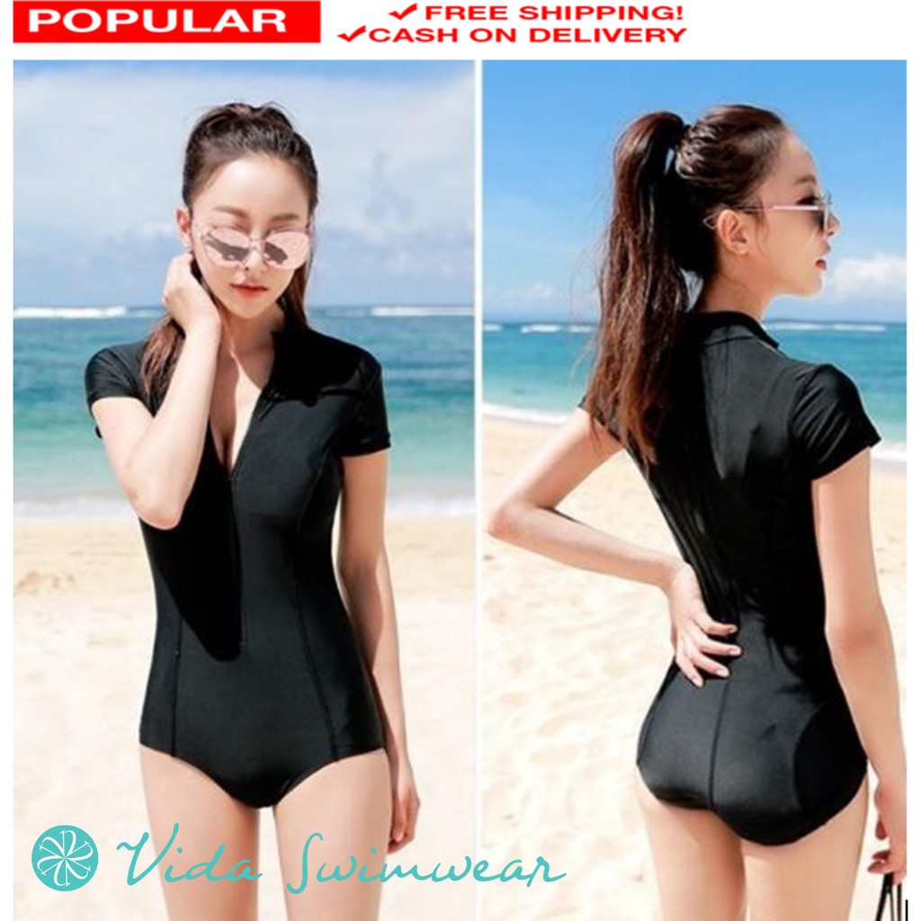 Vida Rashguard Black Zip Up Swimsuit Sexy One Piece Swimwear Shopee Philippines