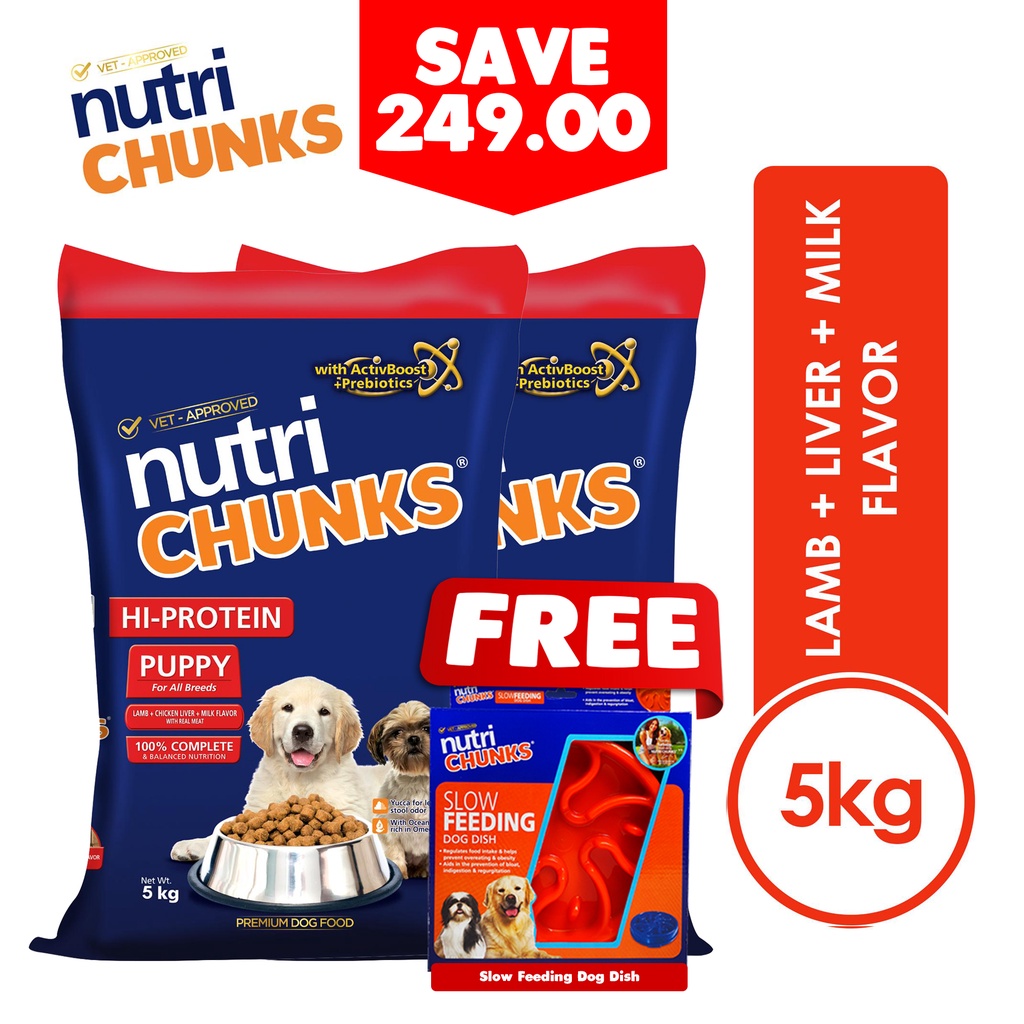 Buy 2 Nutri Chunks HiProtein Puppy Lamb 5kg Get Slow Feeding Dog Dish