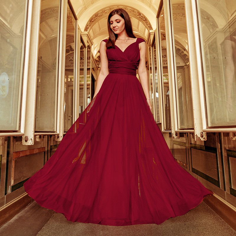 Ever-Pretty Long Mesh Cocktail Prom Gowns Burgundy Bridesmaid Lace Evening Dress