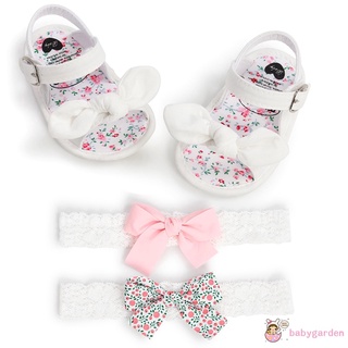 (Babygarden)-Baby Girl’s Cotton Shoes and 2Pcs Headband Floral Stripe Soft Sole Sandals #7
