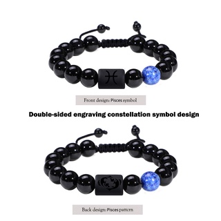 Zodiac Bracelet for Couple 8mm Natural Black Onyx Stone  Star Sign Constellation Distance Friendship Prayer Blessing Bracelet Gifts Men Women Size adjustable #6