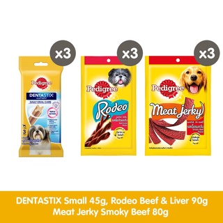 PEDIGREE Dentastix Small + Rodeo Beef & Liver + Meat Jerky Smoky Beef Dog Treats Pack of 9