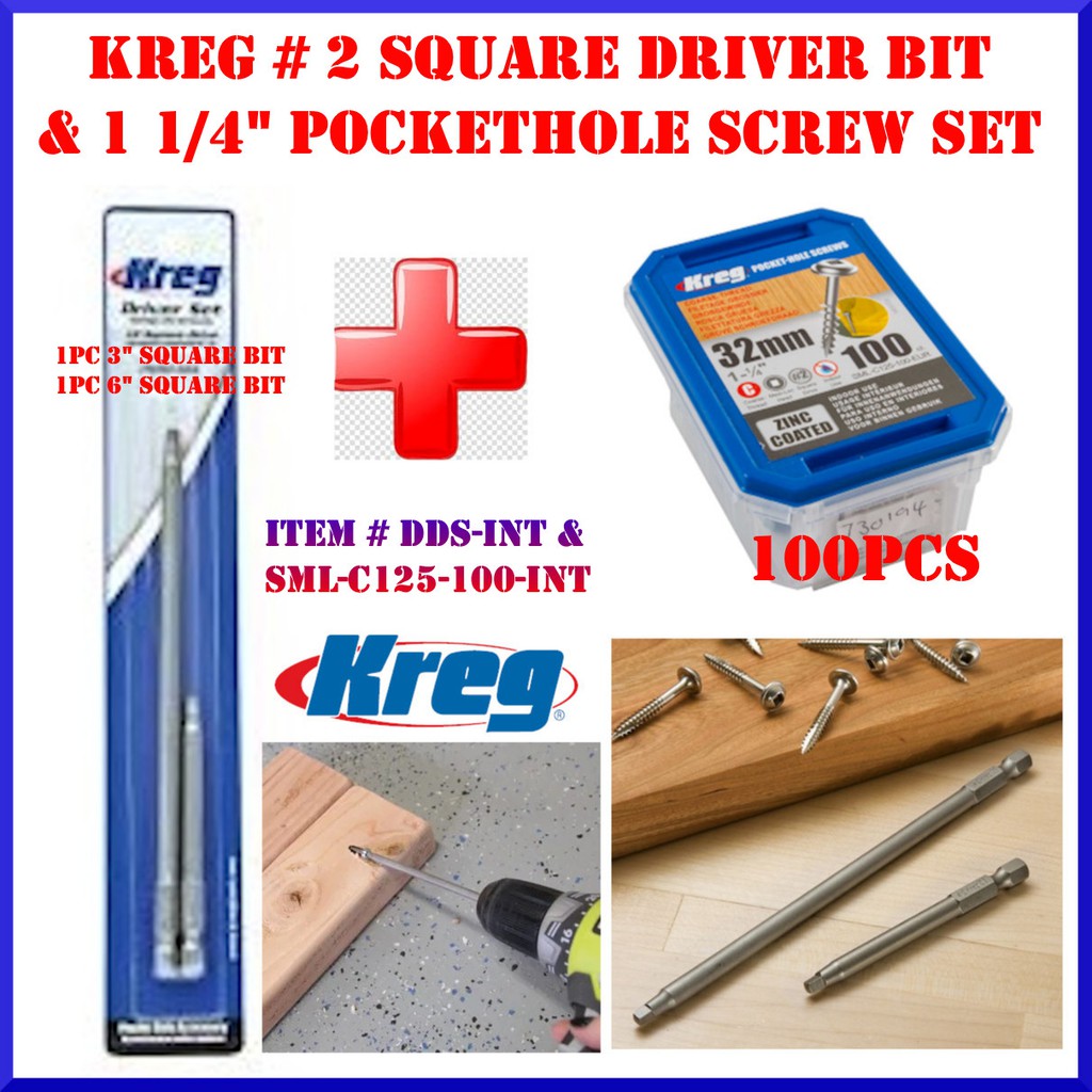 Original KREG Square Driver Bit 2 + 1 1/4 Pocket Hole Screw 100pcs Pack Combo Set Shopee