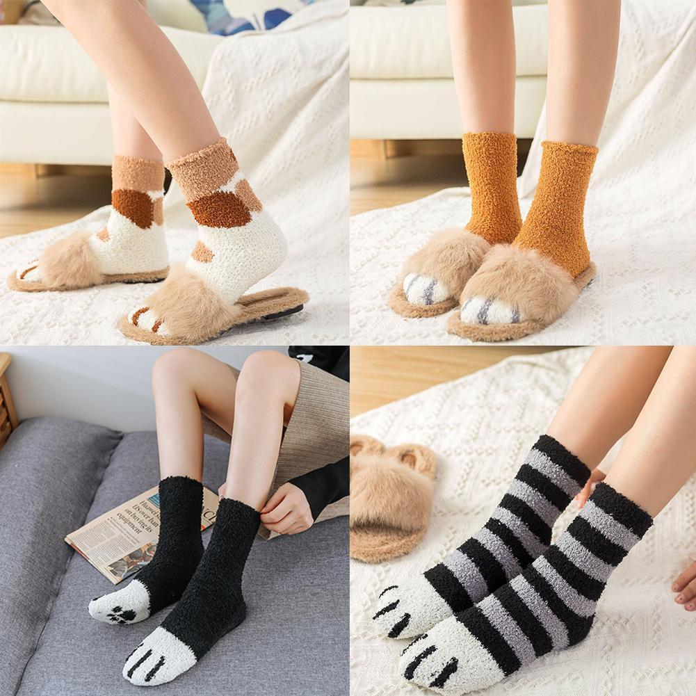 Women Girl Winter Warm Cotton Cat Paw Claw Coral Fleece Sleeper Ankle Socks 