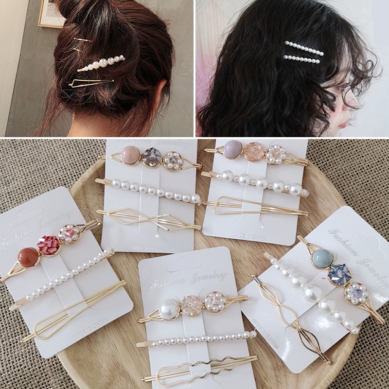 Women Pearl Crystal Acrylic Barrette Hairpin Hair Accessories Hair Clip Set Gift