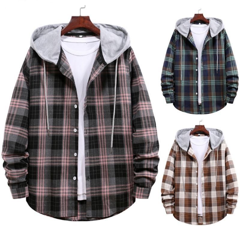 Loye Spot Goods Korean Hooded Long Sleeve Plaid Blouse Loose Top Shirt ...