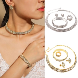 [LK] 24K  Gold Necklace Bracelet Earrings Ring Geometric Rhinestones Jewelry Shining Bright Luster Jewelry Set for Wedding