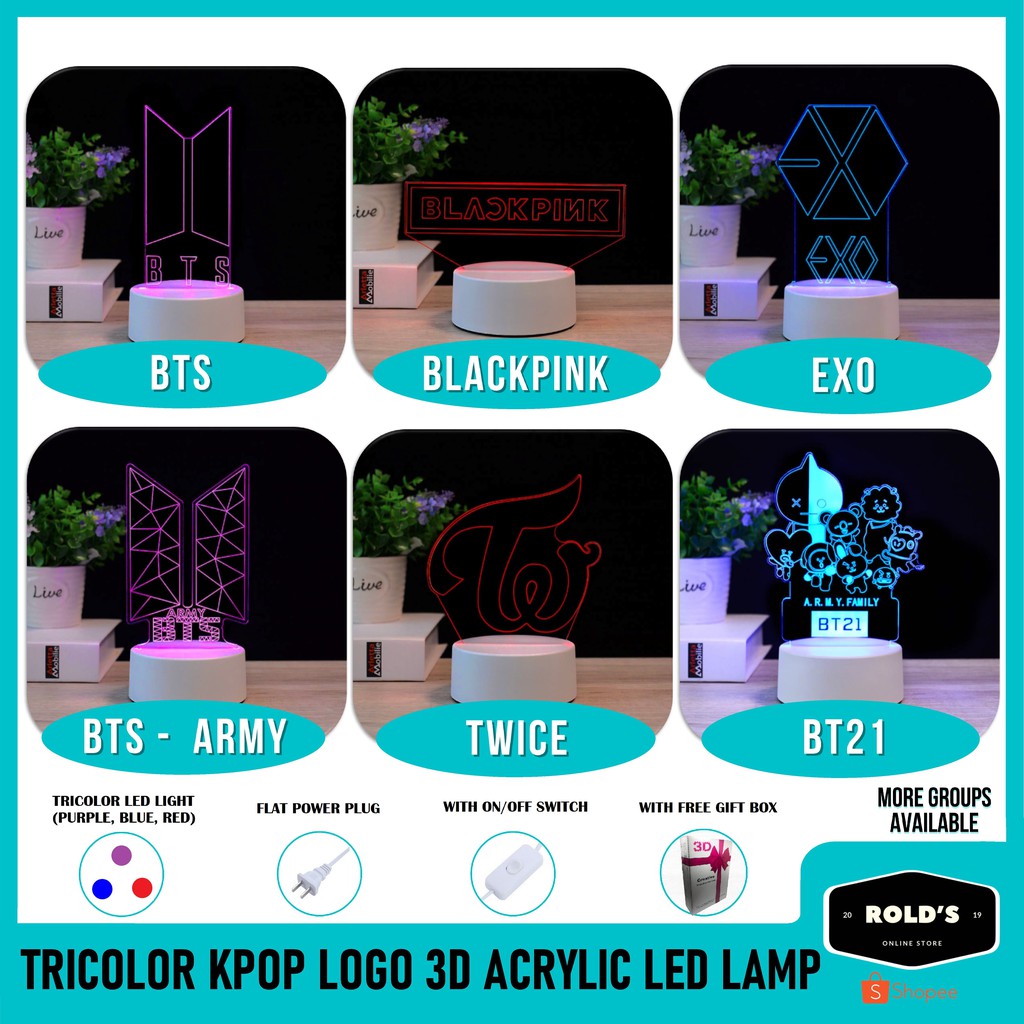 Tricolor KPOP Logo 3D Acrylic LED Lamp BTS BLACKPINK EXO TWICE | Shopee