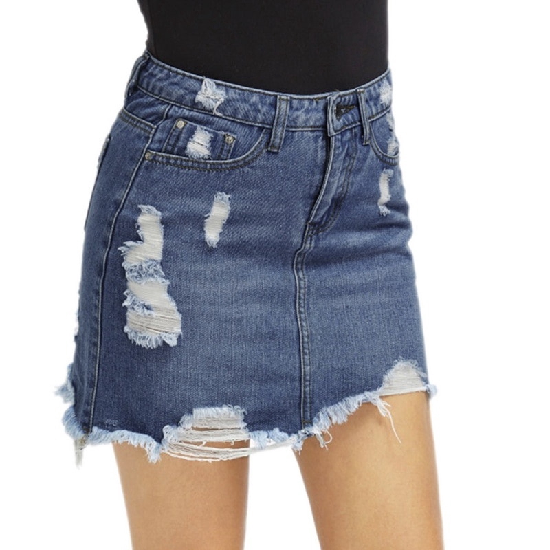 ripped blue denim skirt