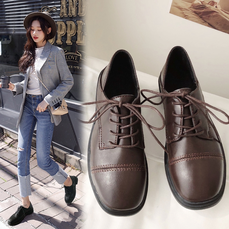 Women's Round Toe Black Derby Shoes Low 