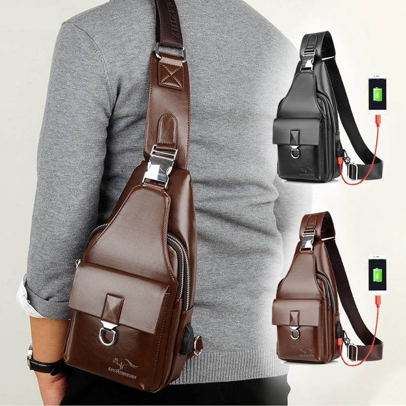 men vintage pu leather crossbody sling bag large capacity casual backpack usb charge