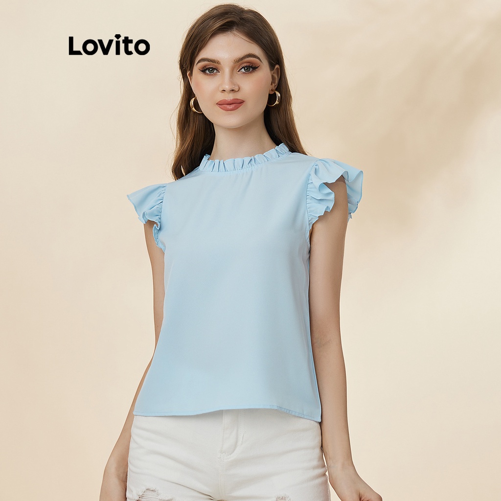 Lovito Casual Plain Frill Sleeve Ruffle Neck Blouses L19D450 (Blue ...
