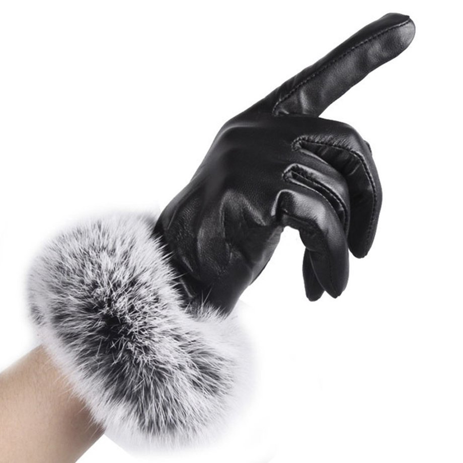 leather fur mittens