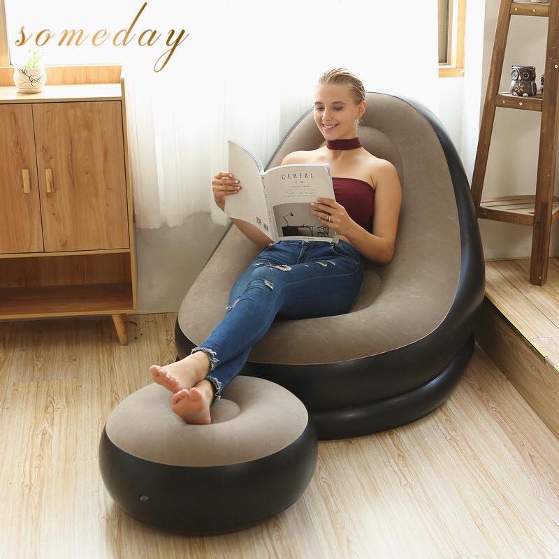 Red sofa with pedal + foot pump, 116 * 98 * 83cm Socobeta Household Inflatable Chair Warm Sofa Inflatable Lounger for Indoor Living Room Outdoor 