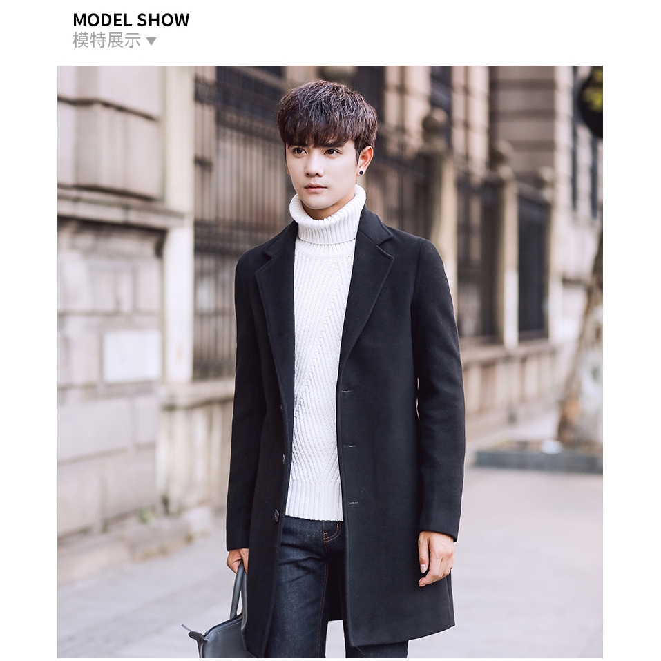 Woolen trench coat men's mid-length youth Korean fashion handsome  personality coat winter thick warm | Shopee Philippines
