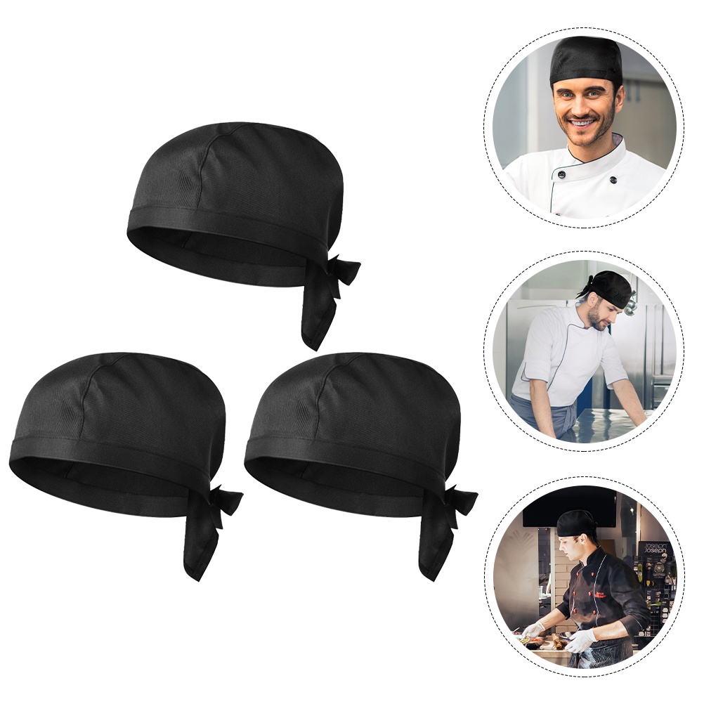 3Pcs Men Women Chef Tie Back Cap Professional Ribbon Cap Kitchen Bandana Hat 