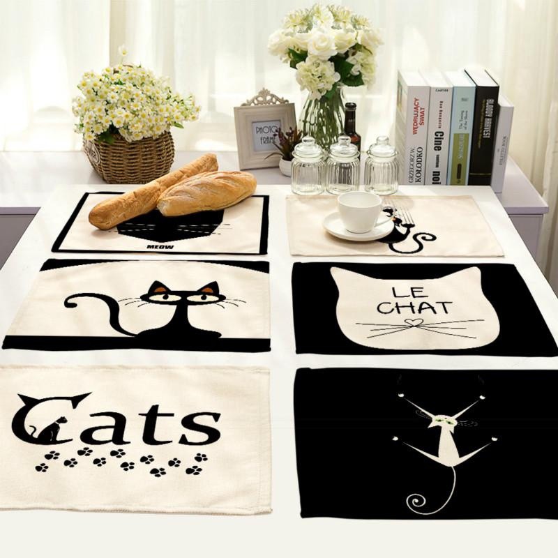 Black Cat Table Mat Coffee Tea Coaster Cotton Linen Placemat