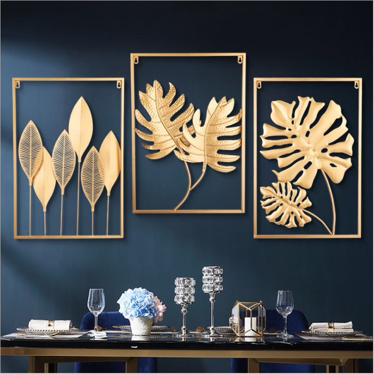 Metal Wall Decor with Square Frame, Metal Leaf Wall Art Decor Gold