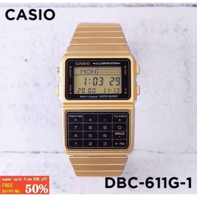Casio DBC-611G-1DF Data Bank Calculator Watch  DBC-611G-1D Digital Quartz DBC611G Gold Tone DBC611