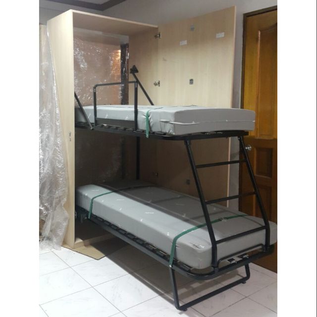 double deck bed with cabinet