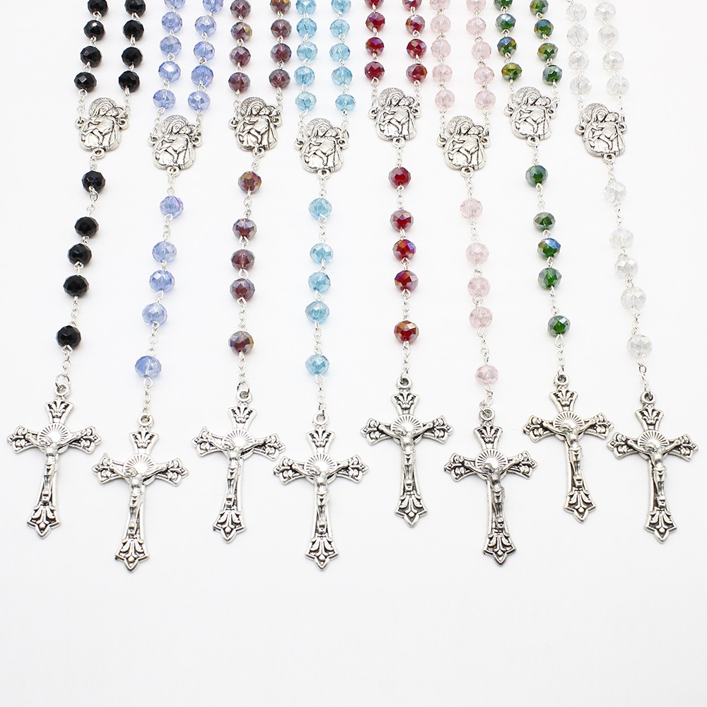 Virgin Mary & Jesus Rosary Beads Real Crystal Catholic - 8 Colors ...