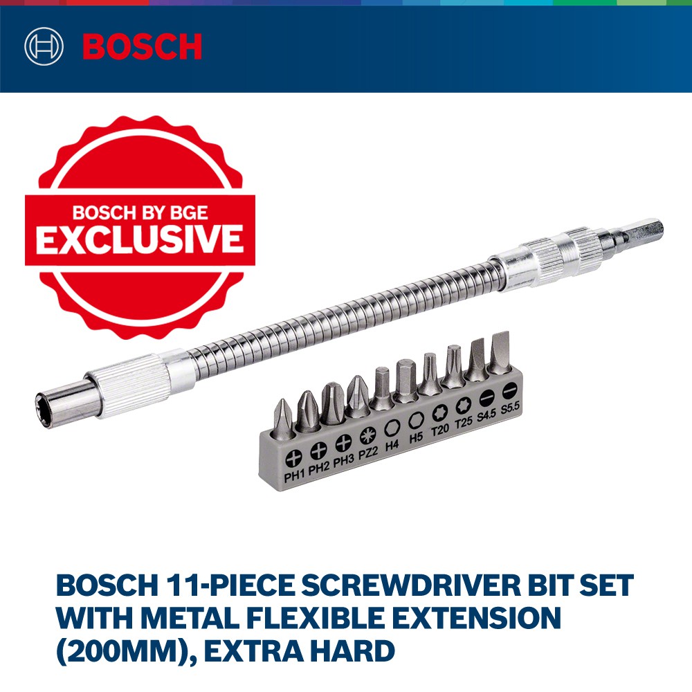 Bosch 11piece screwdriver bit set with metal flexible extension (200mm