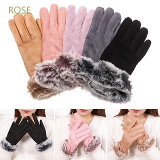 ROSE Fashion Driving Gloves Winter Warm Suede Leather Women Gloves Sport Outdoor Touch Screen Thick Plush Full Finger Mittens/Multicolor
