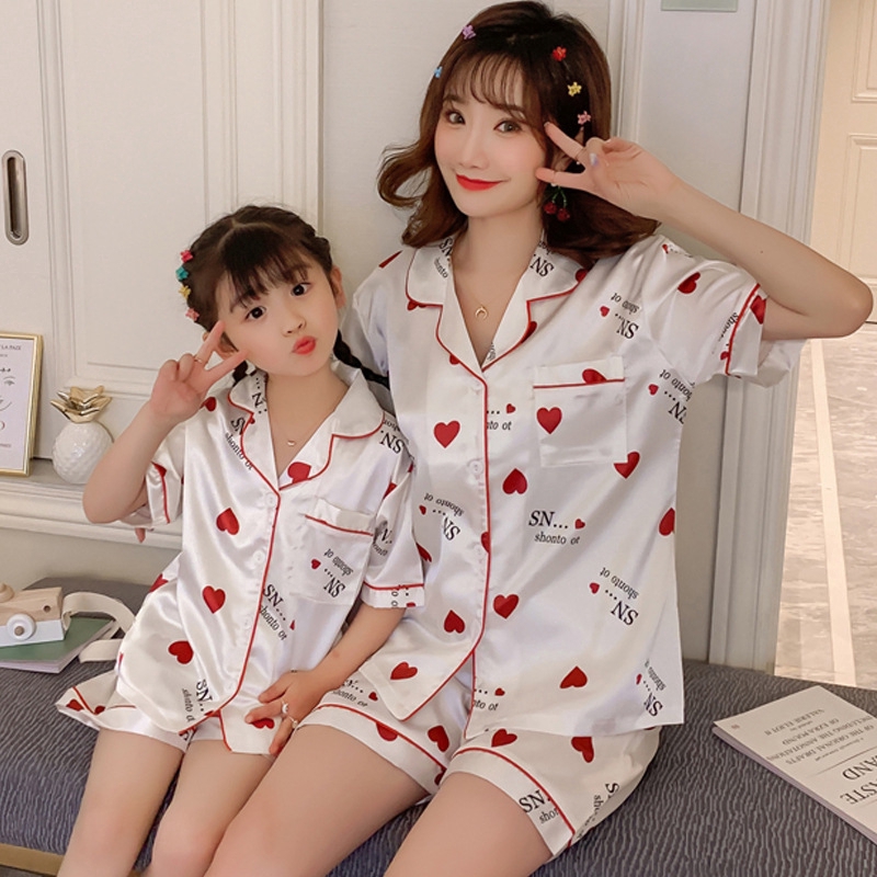 Silk Heart Pijama Mother Daughter Matching Clothing Summer Family Pajamas  Children Sleepwear Mother and Kids Satin Girls Sets - AliExpress