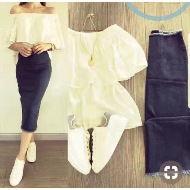 off shoulder top with denim skirt