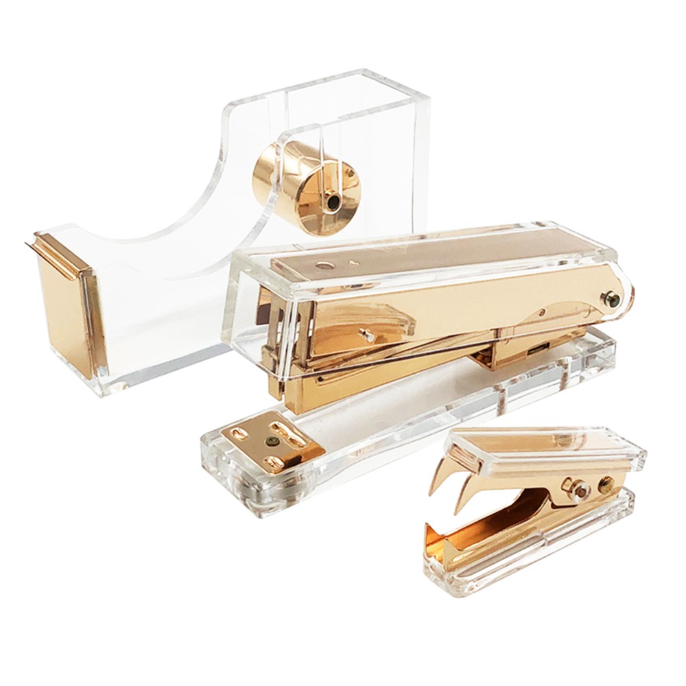 Clear Acrylic Gold Stapler Staples Remover Tape Dispenser Holder Set