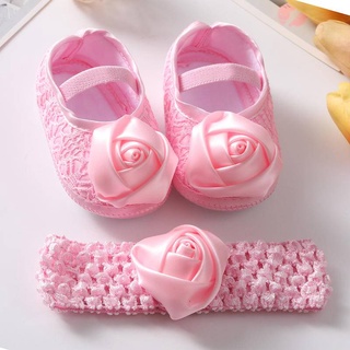 2022 New Baby Shoes Hair Band Set Cute Princess Shoes Roses 0-6-9-11 Month Baby Shoes