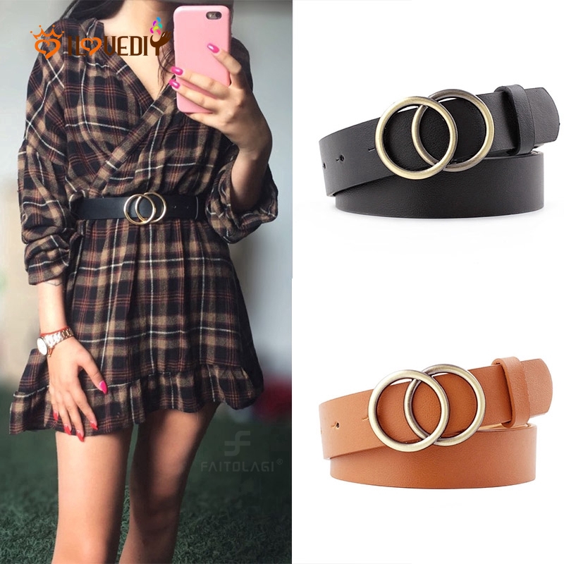 Women Double Ring Belt / Fashion Waist Belt / Leather Metal Pin Buckle