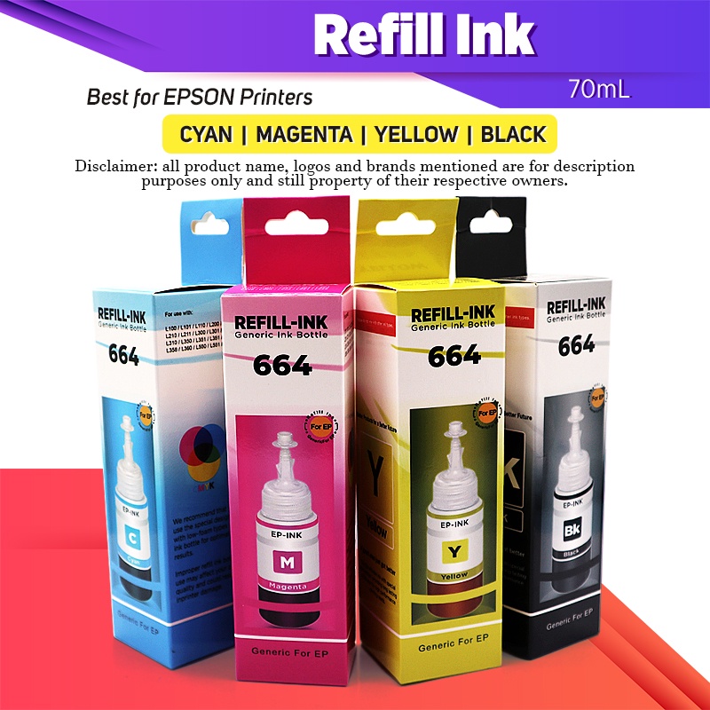 Refill Epson 664 Ink For Printer L120 L360 L310 L130 L210 L220 L355 L358 70ml Dye Ink Shopee 9573