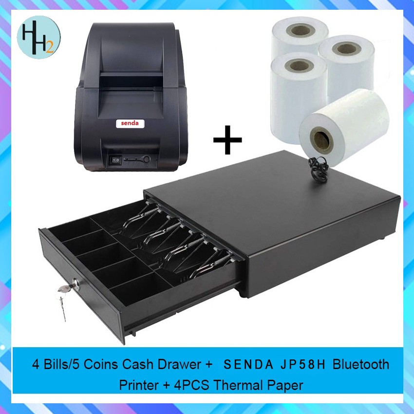 BUNDLE 4Bill/5Coins Cash Drawer w/ SENDA JP58H Bluetooth Thermal Printer & 4PCS Thermal Paper