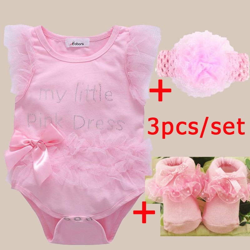 Baby Rompers +Socks+Headband 3pcs Set Baby Girl Onesie Clothes Lace