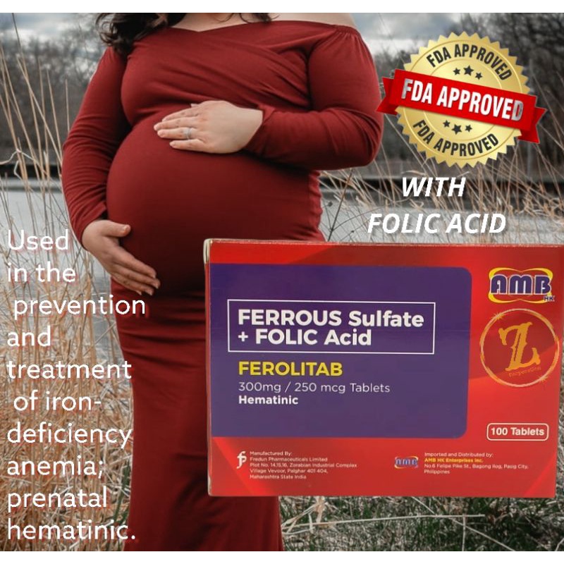 ℗Ferrous Sulfate + Folic Acid (FEROLITAB) 300mg/250mg Tablet 100's for