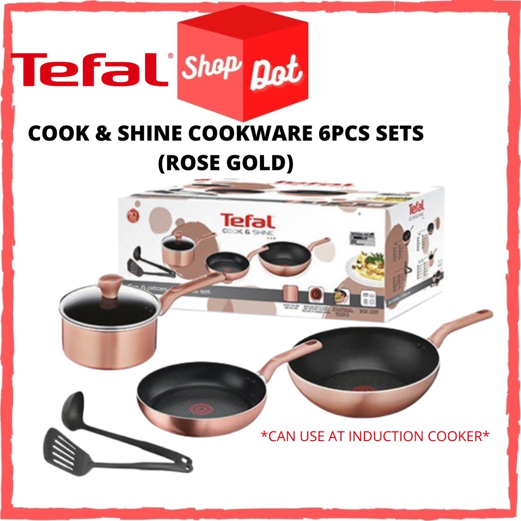 TEFAL Cook & Shine Rose Gold Color Pot Pan Set With Lid 6 Pcs Model