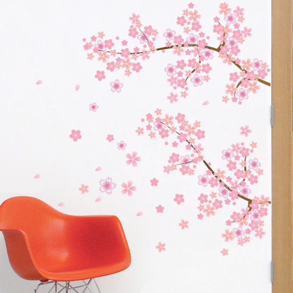 2 Pcs Pink Cherry Blossom Wall Stickers / Beautiful Flower Tree Branch Art Decals DIY Sofa Background Room Decor