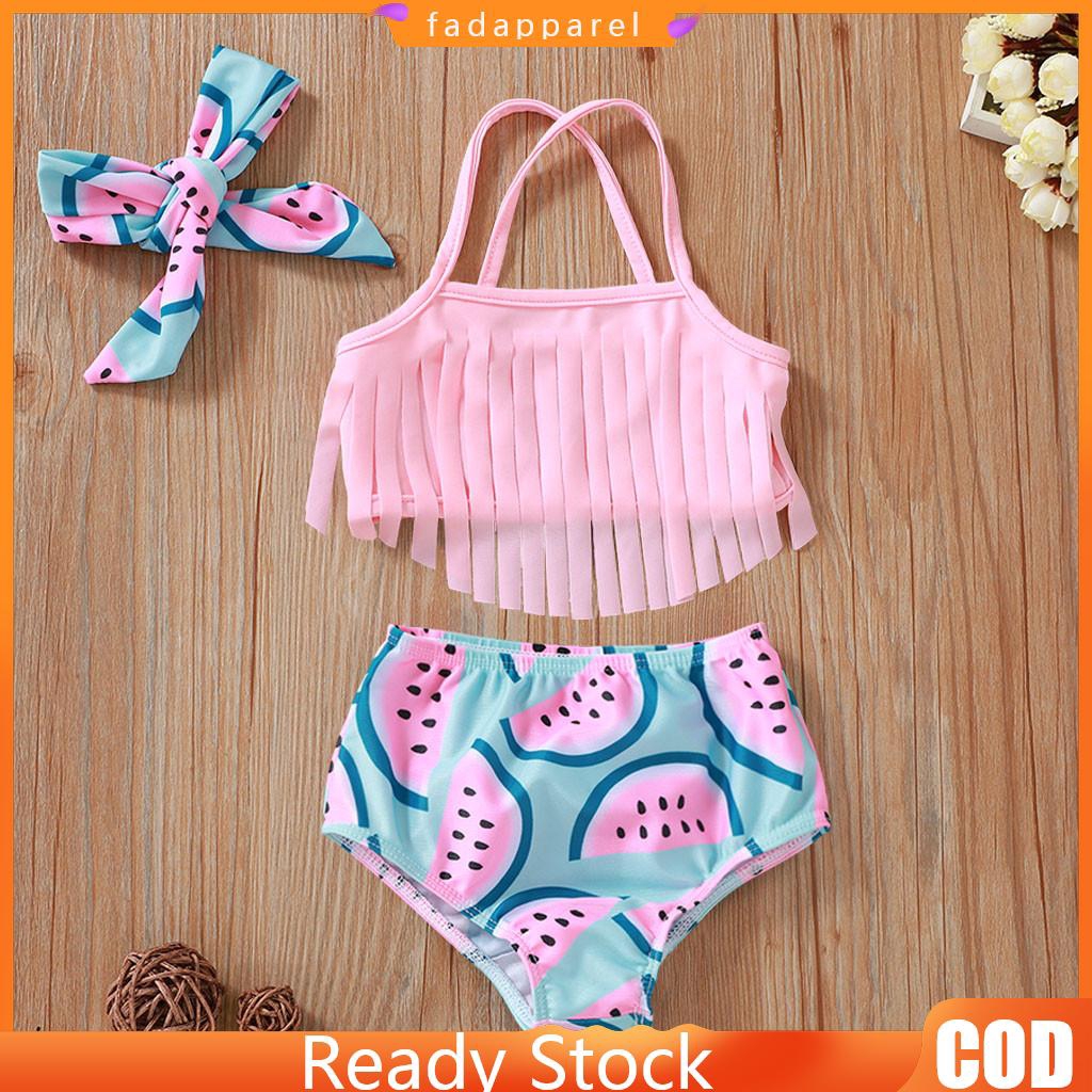 COD Ready Stock Kids Baby Girls Tassel Watermelon Print Summer Swimwear ...