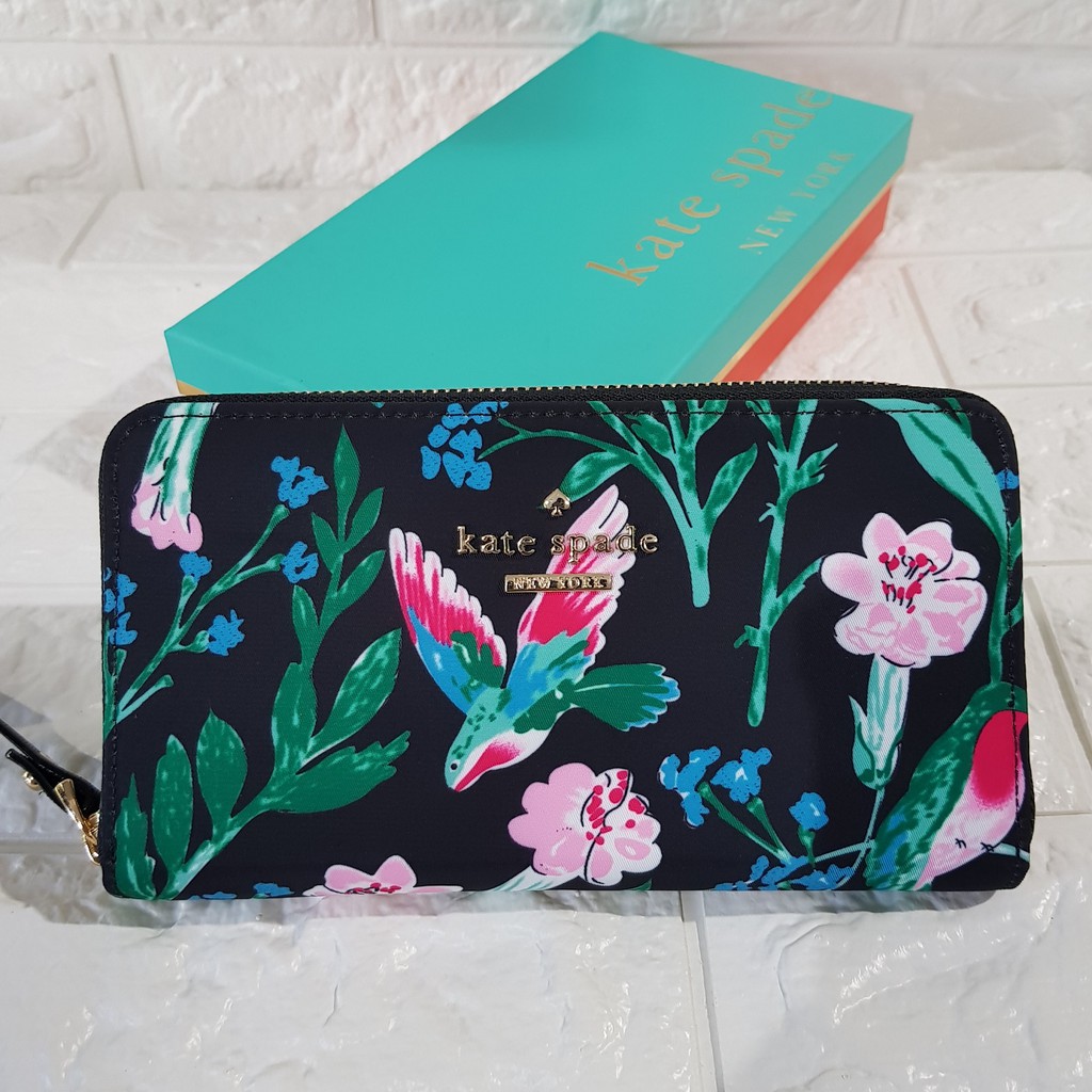 Kate Spade Classic Zip Around Wallet - Lyla in Black Nylon with Birds,  Flowers and Leaves Print | Shopee Philippines