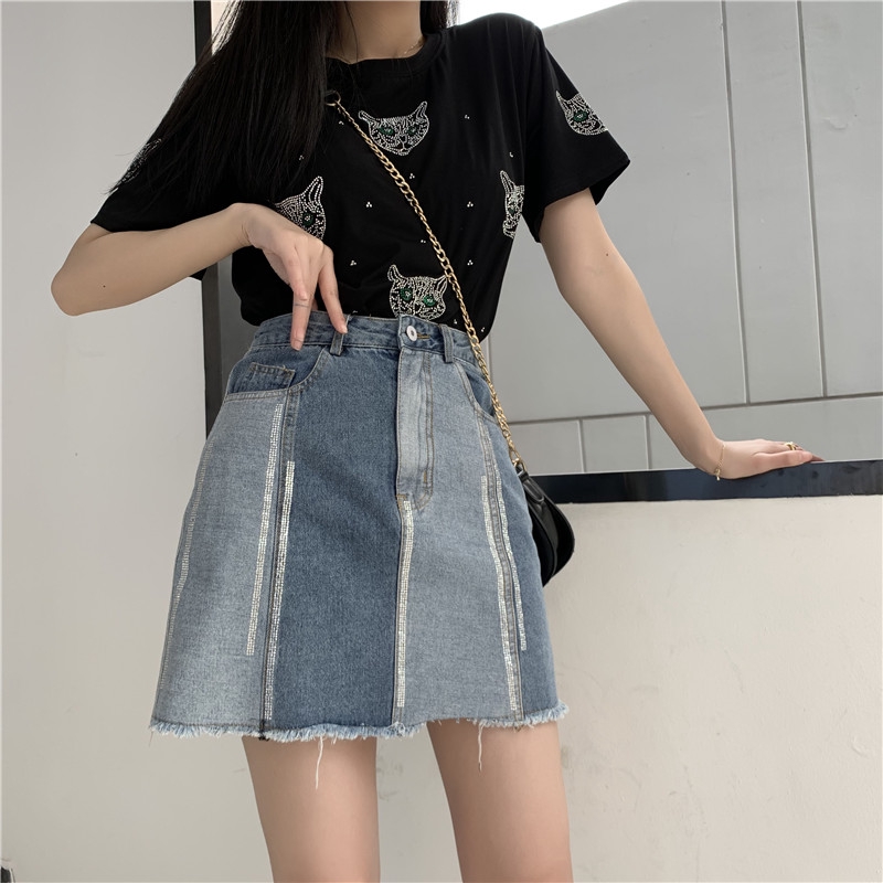 denim skirt with rhinestones