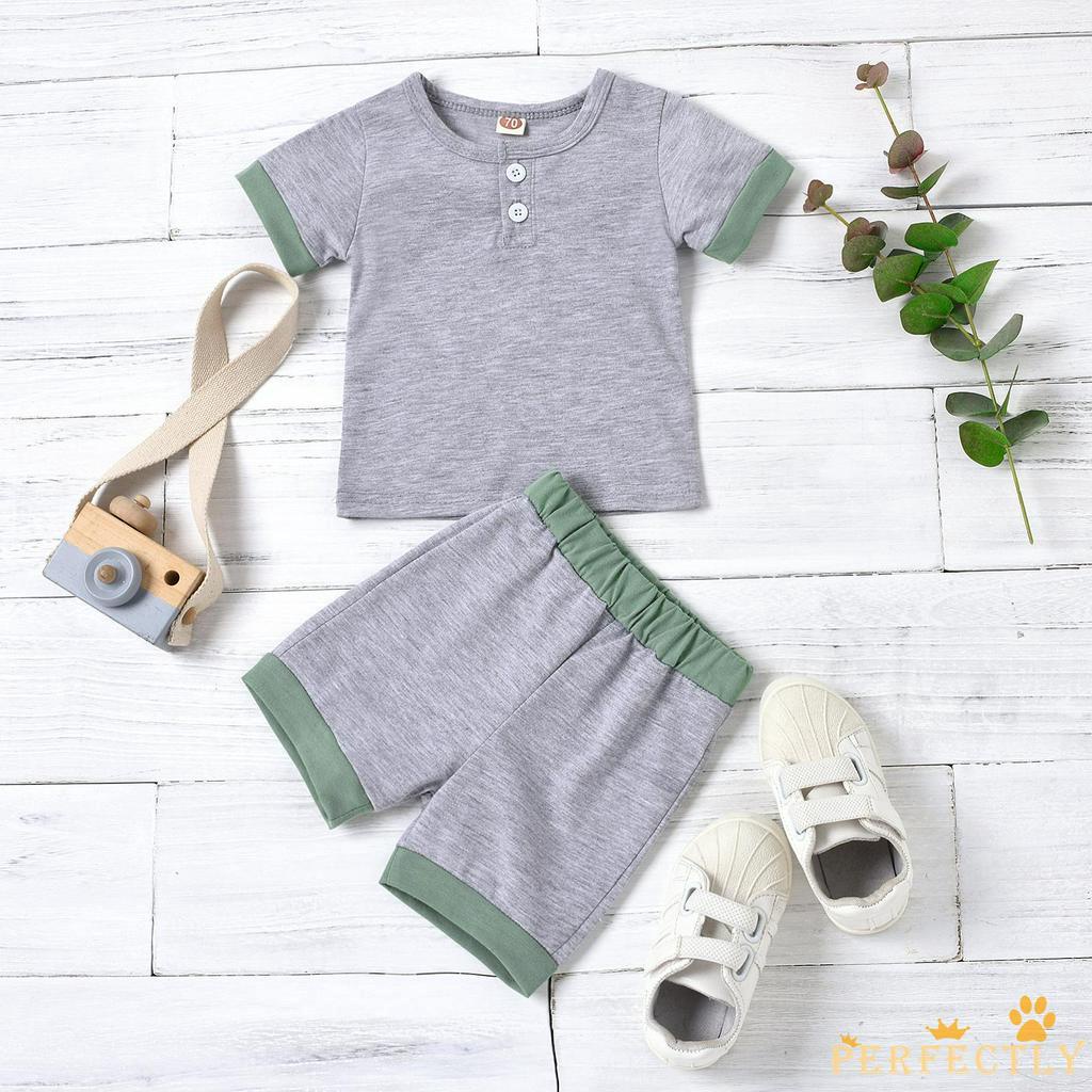 【COD】PFT-0-18 Months Newborn Baby Boys 2-piece Outfit Set Short Sleeve Color Block Tops+Shorts Set f