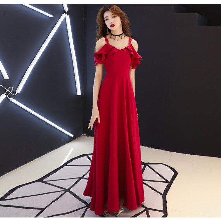 red off the shoulder evening dress