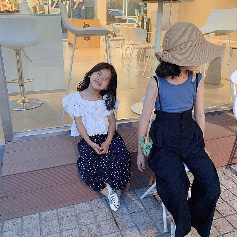 2022 New Style Summer Girls Sleeveless Top+High Waist Ice Silk Wide-Leg Pants Suit Children Printed Fashion Vest Suspenders Jumpsuit Suitable For 3-5-8-10-12-13 Years Old Wear Clothes