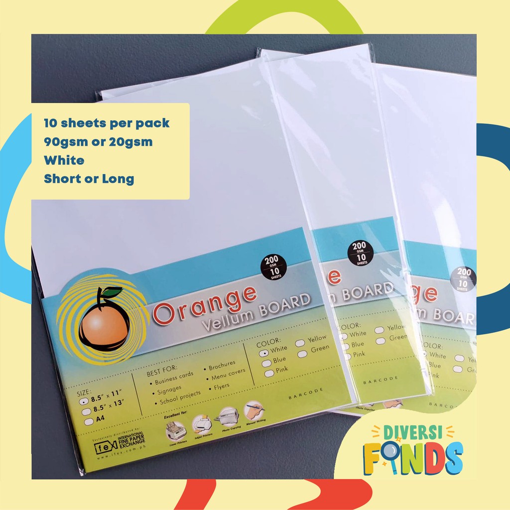 1PACK Orange Specialty/ Vellum Board Paper 200gsm White, A4 / Short / Long Size 10sheets/pk