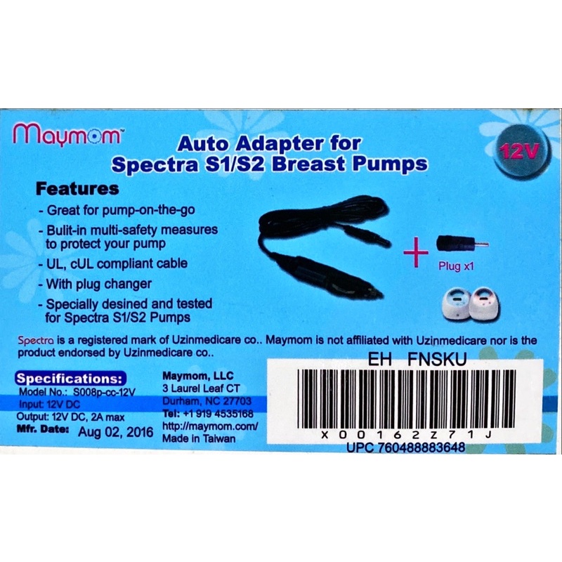 Maymom Auto Adapter for Spectra S1/S2 Breast Pumps NEW Shopee