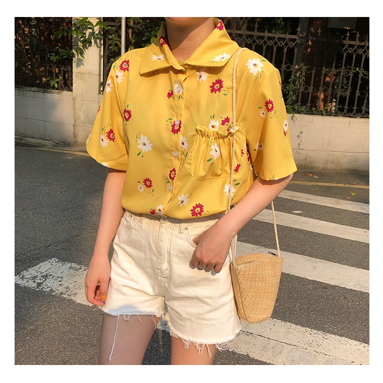 yellow short sleeve blouse