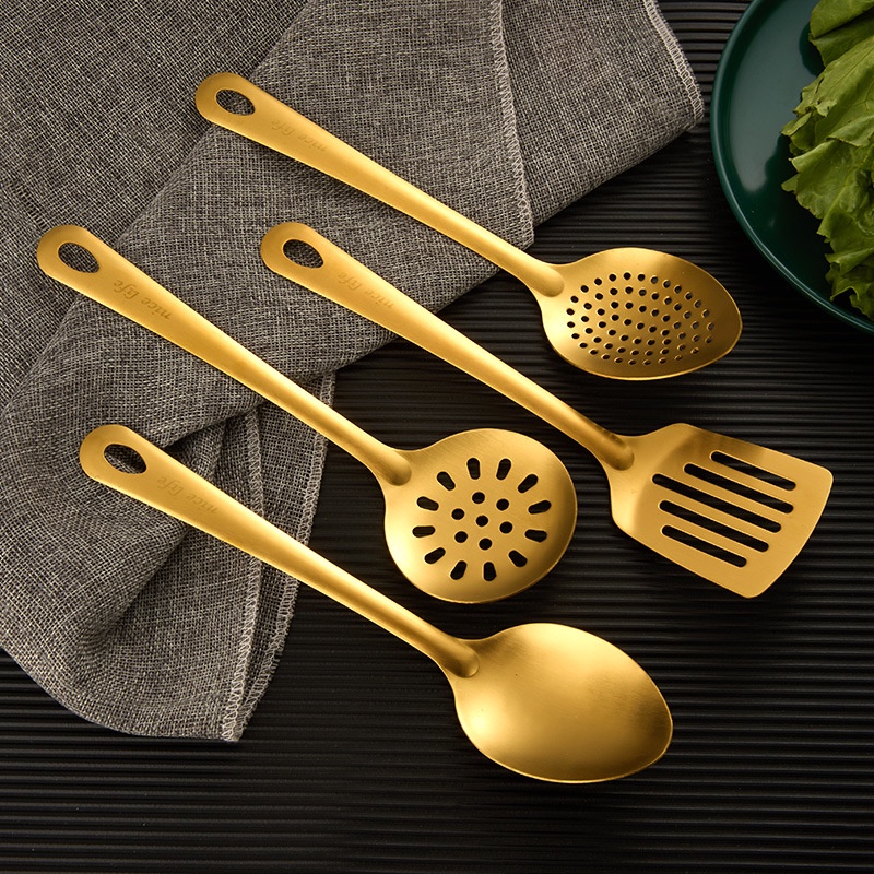 Gold Stainless Steel Kitchen Utensils Set Serving Spoon Colander Soup
